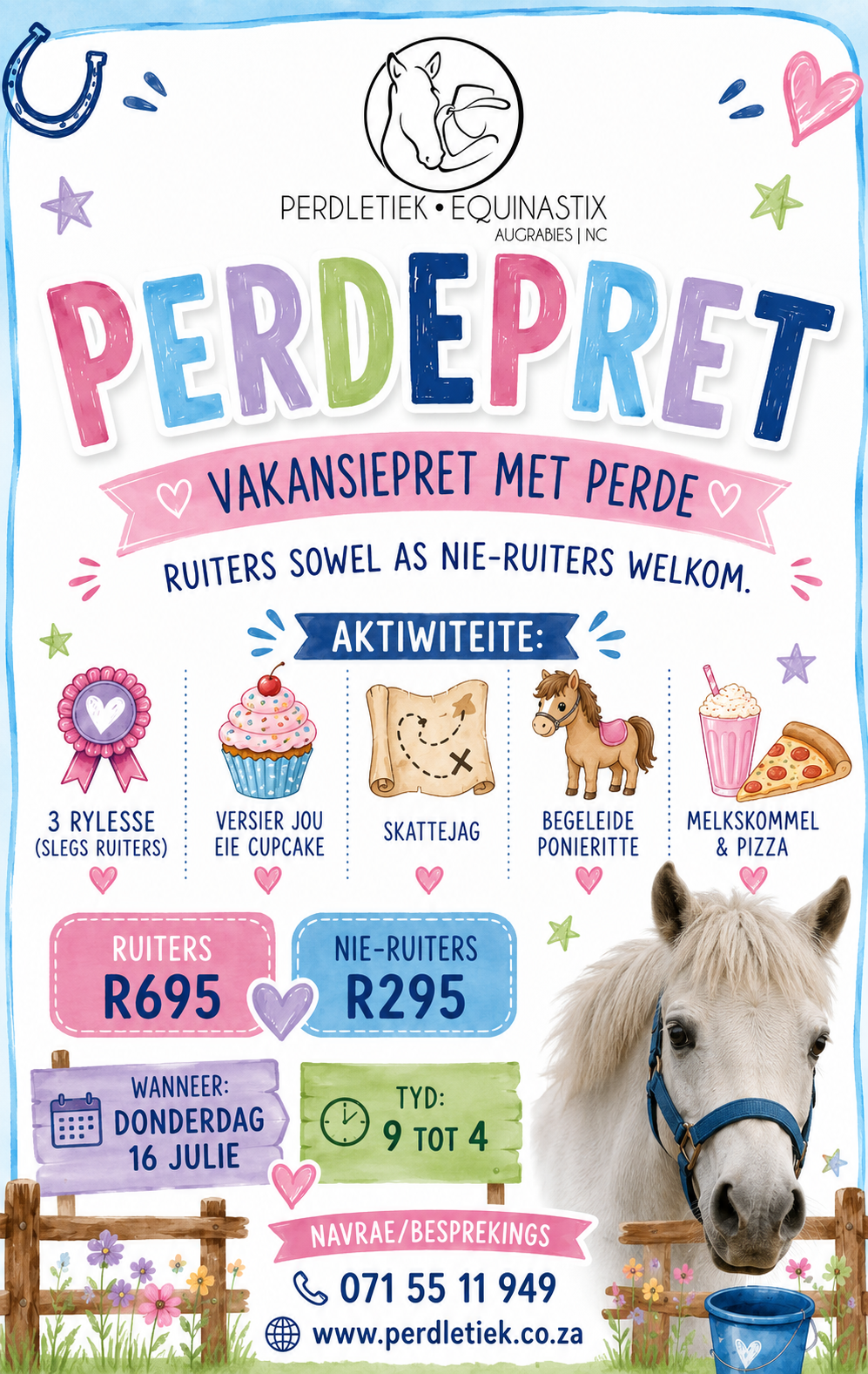 perdepret vakansieprogram met melksommel, pizza, skattejag, versier jou eien cupcake. ponieritte en meer